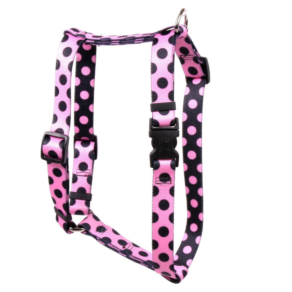 [Australia] - Yellow Dog Design Pink Black Polka Dot Roman Style H Dog Harness Small/Medium 14" - 20" 