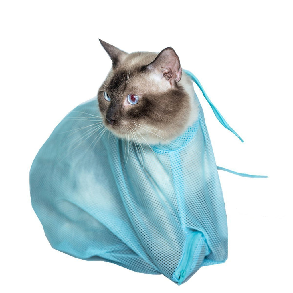 [Australia] - TECH-P Creative Life Adjustable Multifunctional Polyester Cat Washing Shower Mesh Bags Pet Nail Trimming Bags-Blue 