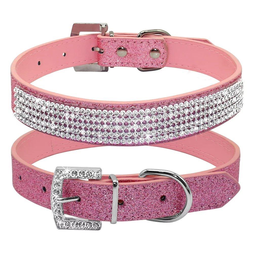 [Australia] - Beirui Bling Rhinestone Leather Dog Collar - Crystal Studded for Dog & Kitty Cat 12-15" Pink 