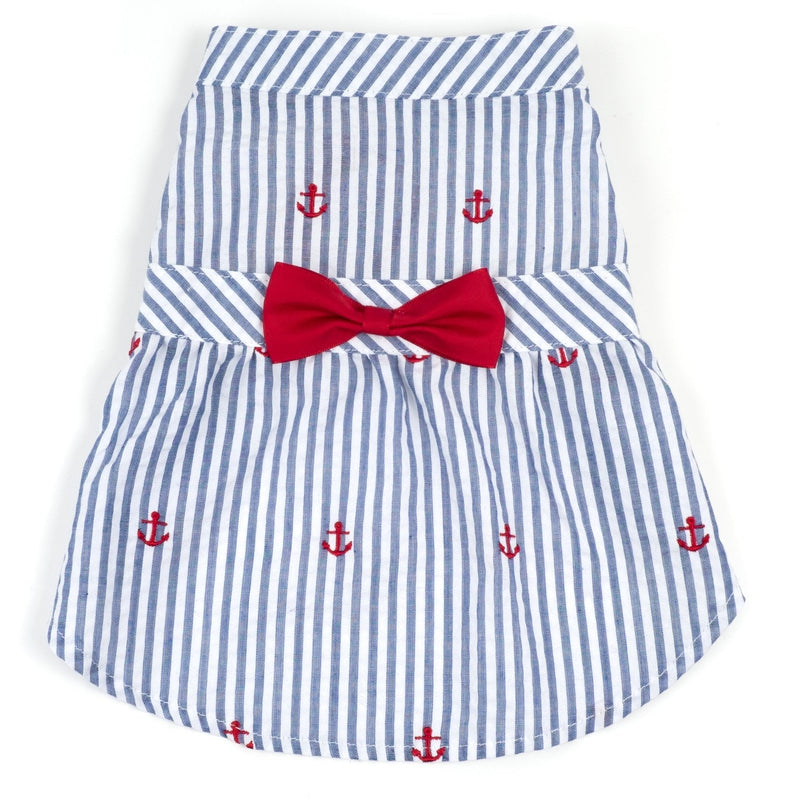 The Worhty Dog Navy Stripe Anchor Pattern Fabulously Stylish Bow Attached Skirt Dress for Dog, Casual Dog Outfit - Fits Small, Medium and Large Dogs, Navy Color - PawsPlanet Australia