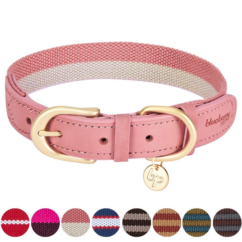 [Australia] - Blueberry Pet 11 Patterns Vintage Polyester Webbing & Genuine Leather Combo Dog Collars Leashes Collar - 1" Wide * (18"-22") Neck Pink & Grey 