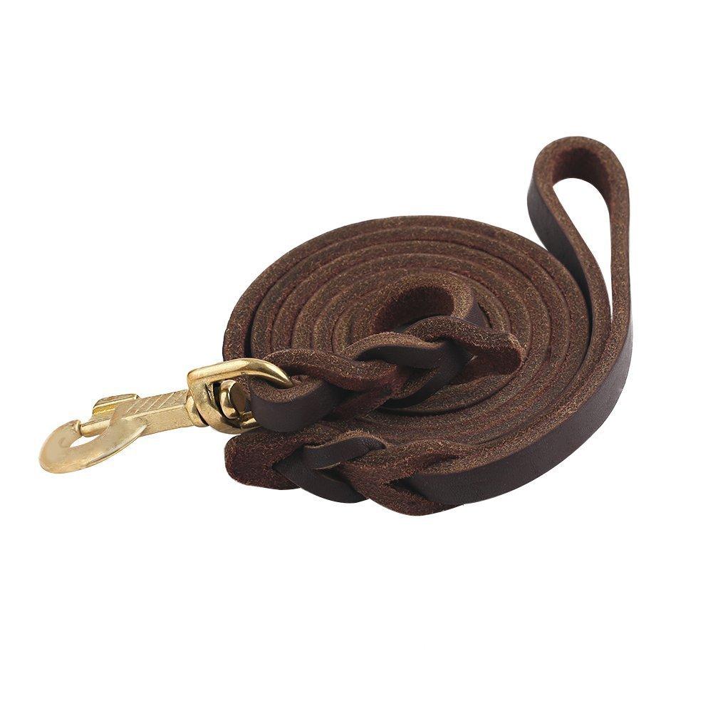 [Australia] - Guiding Star Brown 10ft Braided Leather Dog Training Leash with Copper Hook, Heavy Duty Dog Leash for Large, Medium and Small Dogs, Two Sizes for Your Choice 