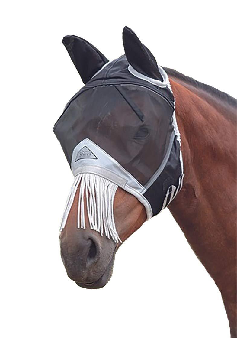 Shires Fine Mesh Mask with Ears and Fringe Black Full - PawsPlanet Australia