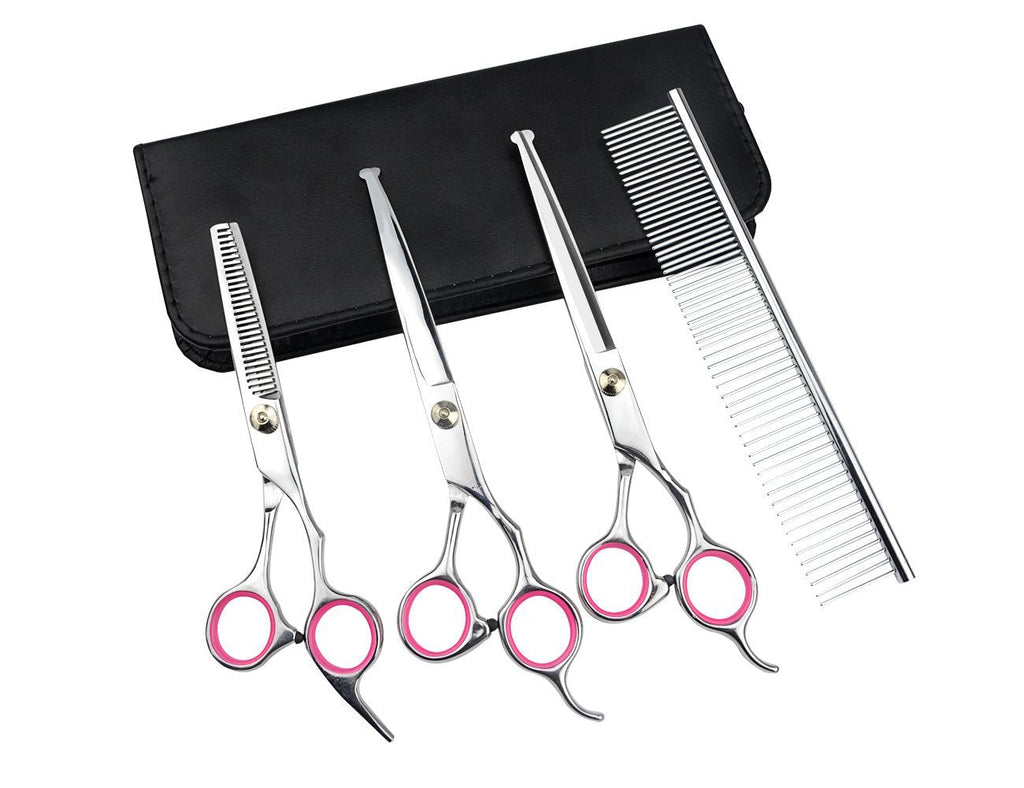 [Australia] - LILYS PET 7.0"/7.5" Round-TIP Safety Professional Stainless Steel PET Dog Cat Grooming Scissors Set,Pink Ring, Cutting&Curved&Thinning Shears Set 3+1 PCS 7.0" 