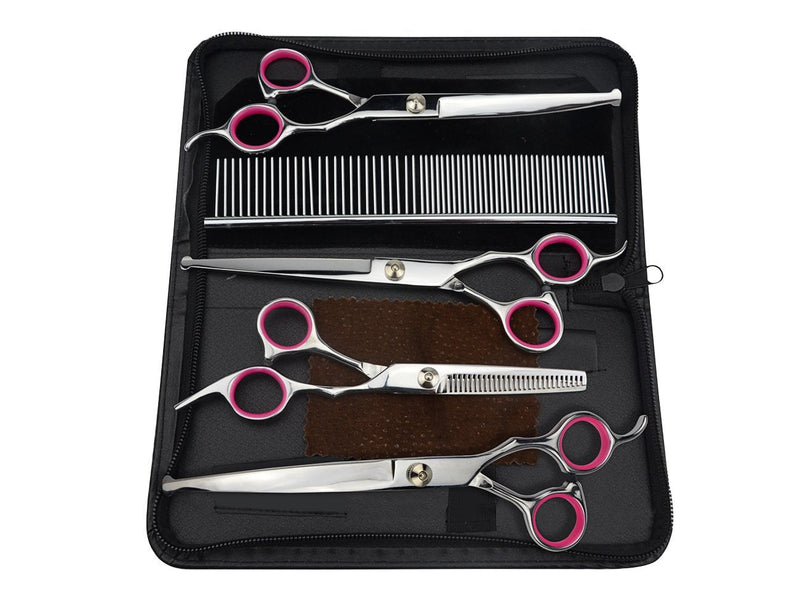 [Australia] - LILYS PET 7.0"/7.5" Round-TIP Safety Professional Stainless Steel PET Dog Cat Grooming Scissors Set,Pink Ring, Cutting&Curved&Thinning Shears Set 4+1 PCS 7.0" 