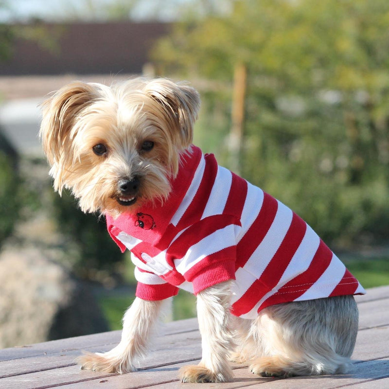 [Australia] - DOGGIE DESIGN 100% Cotton Striped Dog Polos with Embroidered Fun Dog Face on Collar Flame Scarlet Red and White Large 