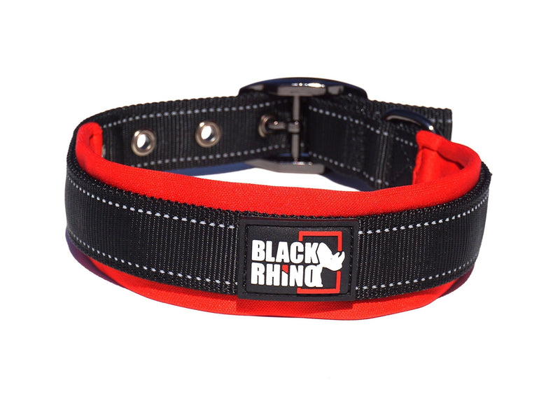 [Australia] - Black Rhino - The Comfort Collar Ultra Soft Neoprene Padded Dog Collar for All Breeds - Heavy Duty Adjustable Reflective Weatherproof Large Red/Black 
