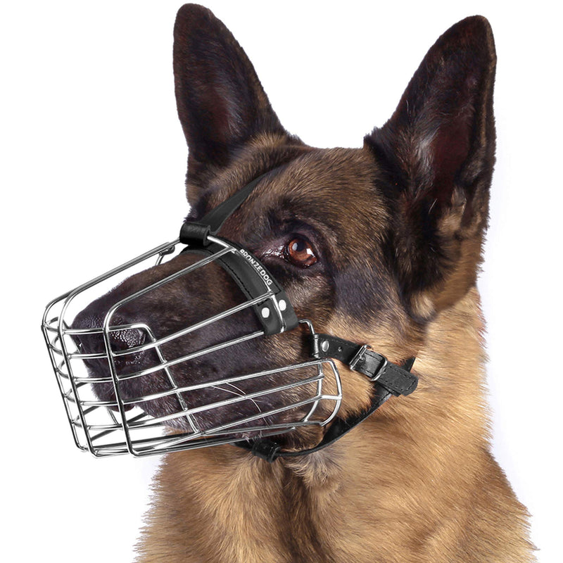 BronzeDog Wire Basket Dog Muzzle German Shepherd Metal Leather Adjustable Medium - PawsPlanet Australia