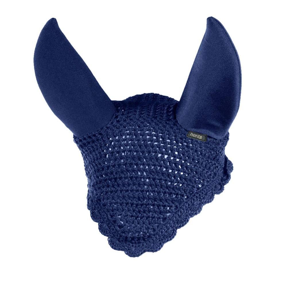 HORZE Supreme Silent Ear Net, Crochet Bonnet with Neoprene Ear Covers, Sound Dampening, Fly Protection for Sensitive Horses Pony Peacoat Dark Blue - PawsPlanet Australia