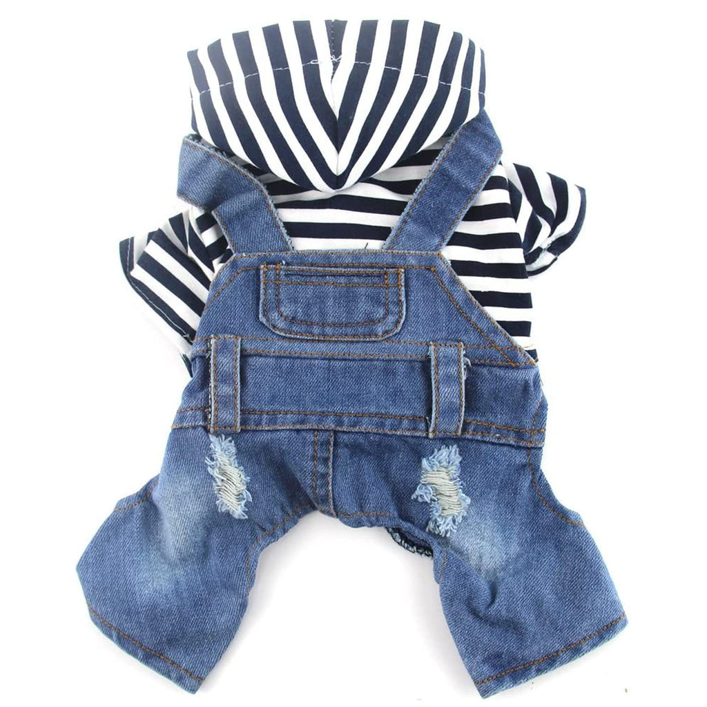 DOGGYZSTYLE Pet Dog Cat Hoodies Clothes Striped Pajamas Denim Outfits Blue Jeans Jumpsuits One-Piece Jacket Costumes Apparel Hooded Coats for Small Puppy Medium Dogs X-Small (Pack of 1) - PawsPlanet Australia