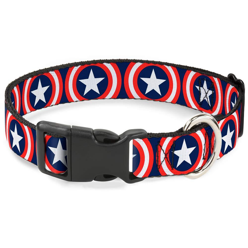 [Australia] - Buckle-Down Marvel Universe Captain America Shield Repeat Navy Plastic Clip Collar, Large/15-26" 