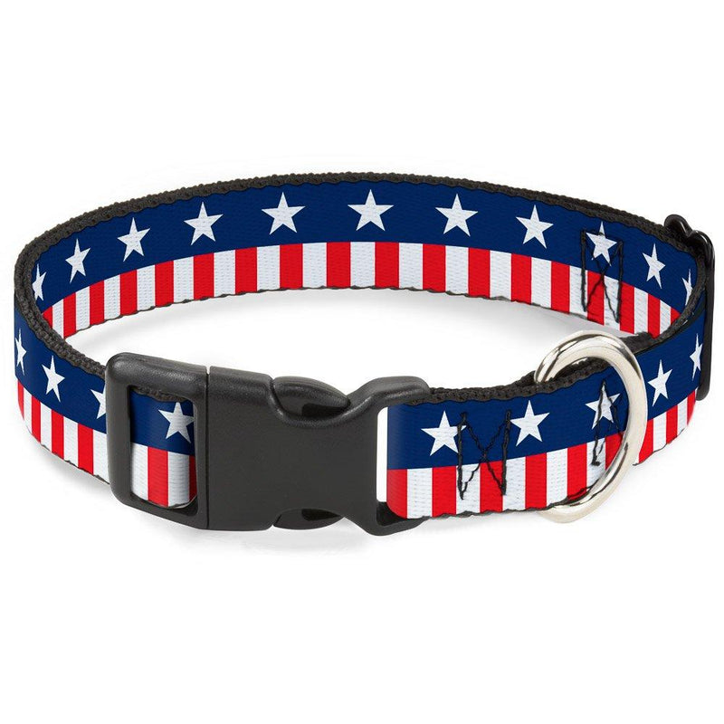 [Australia] - Buckle-Down Plastic Clip Collar - Americana Stars & Stripes2 Blue/White/Red/White - 1.5" Wide - Fits 18-32" Neck - Large 