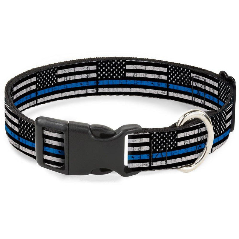 [Australia] - Buckle-Down Plastic Clip Collar - Thin Blue Line Flag Weathered Black/Gray/Blue - 1" Wide - Fits 15-26" Neck - Large 