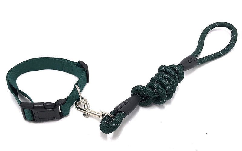 [Australia] - PetsCaptain Reflective Heavy Duty Round Rope Dog Leash (0.5" Diameter x 48" Long) & Reflective Dog Collar (1" Wide x Adjustable Neck Size 14.5"~22") Set Green 
