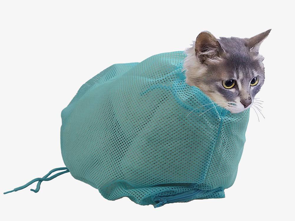 [Australia] - Small LeoPard Multi-Function Polyester Pet Cat Grooming Mesh Bag,L17 xW13,4 Colors Available Blue 