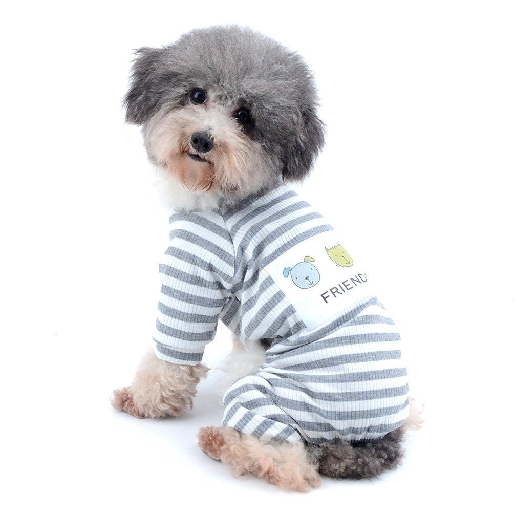 [Australia] - Ranphy Small Dog Stripe Pajamas Comfy Cotton Pet Clothes Puppy Outfit Cat Apparel Doggy Pyjamas PJS Shirt Yorkie Jumpsuit Boys Girls (Size Runs Small One to Two Size Than US Size) M(Neck: 10",Back: 9.5",Chest: 14.5"） Grey 