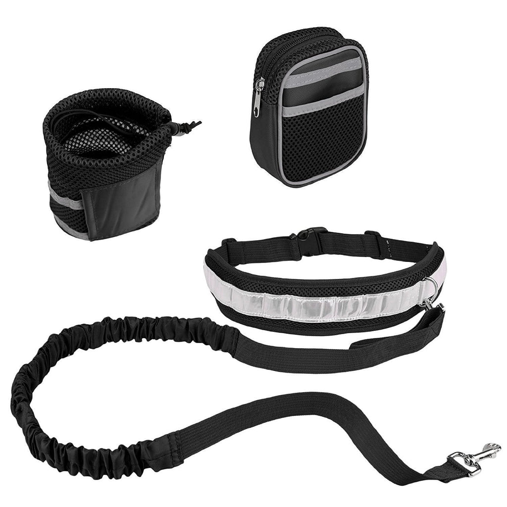 [Australia] - Hands Free Reflective Pet Dog Bungee Leash Kit - Outdoor Dog Running Lead with Bottle Holder Waist Bag Black 