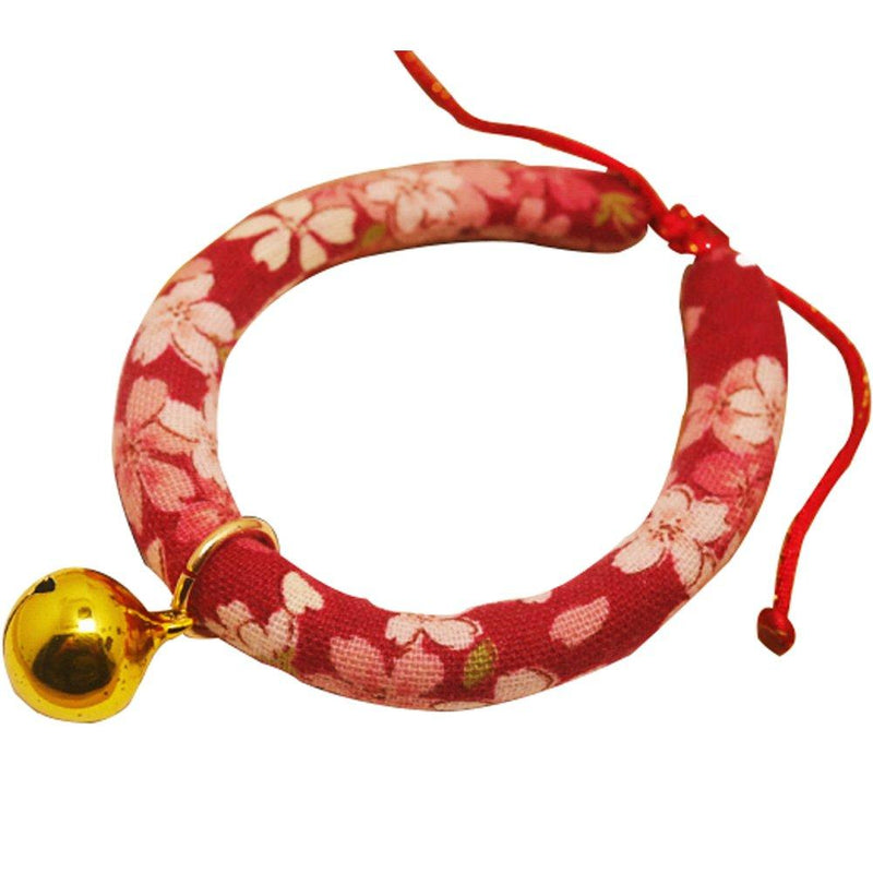 [Australia] - Creation Core Japanese Style Flower Print Cat Collar with Golden Bell Medium Red Pink Flower 