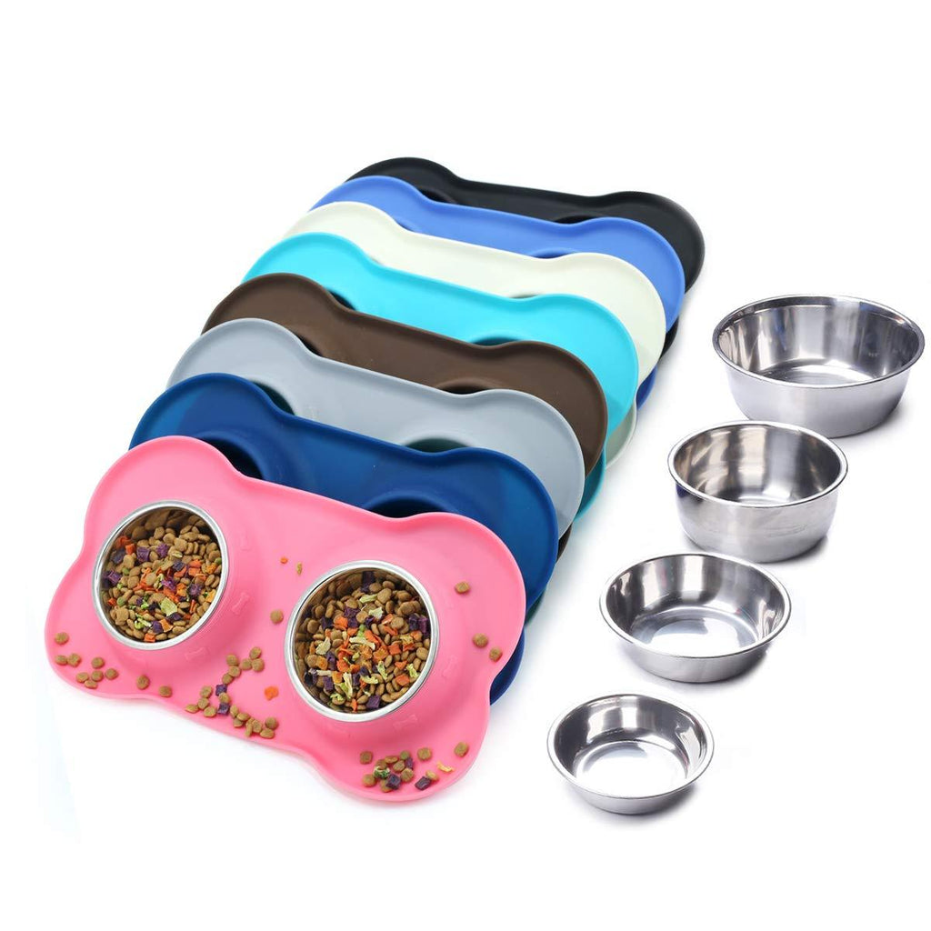 [Australia] - Vivaglory Dog Bowls Stainless Steel Water and Food Feeder with Non Spill Skid Resistant Silicone Mat for Pets Puppy Small Medium Dogs 6½ oz ea. Pink 