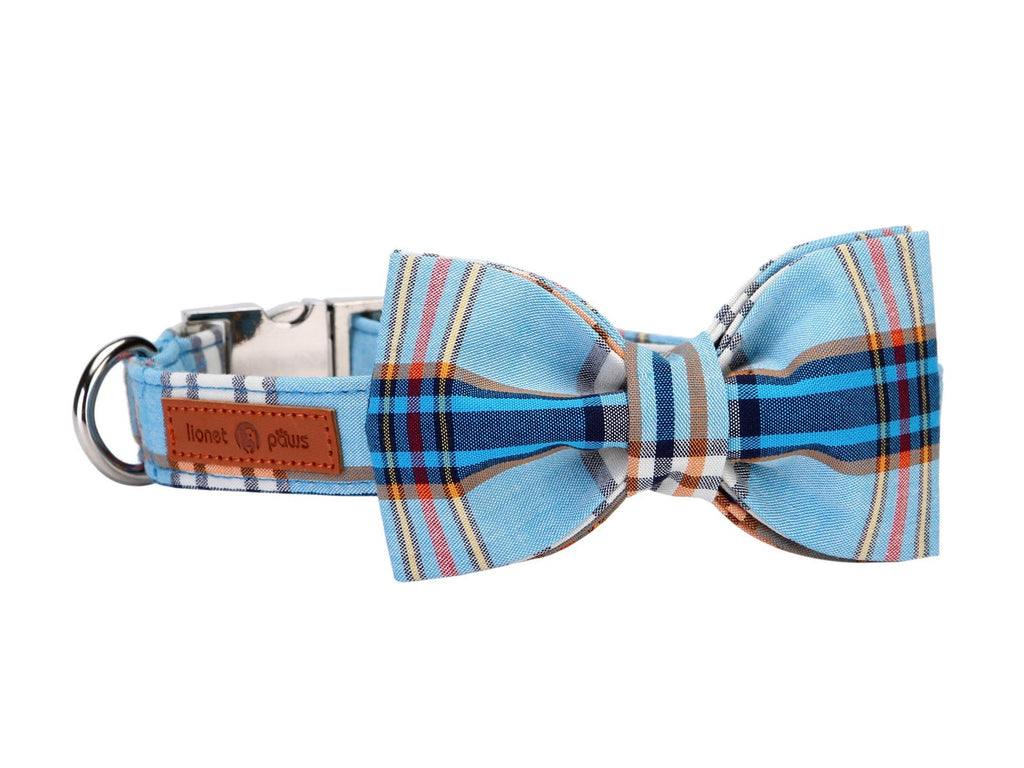[Australia] - Lionet Paws Dog and Cat Collar with Bowtie,Soft and Comfortable,Adjustable Collar L Blue grid 