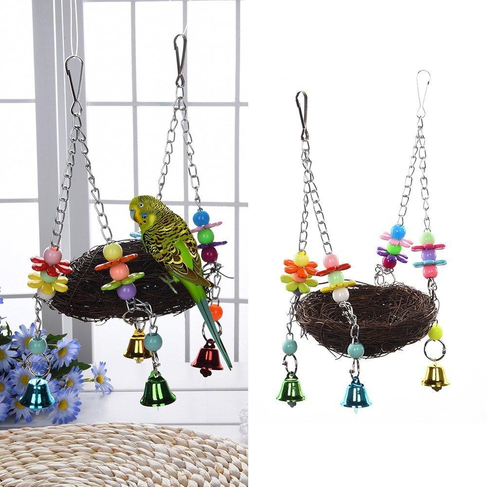 Natural Rattan Nest Bird Swing Toy with Bells for Parrot Cockatoo Macaw Amazon African Grey Budgie Parakeet Cockatiel Conure Lovebird Finch Cage Perch S - PawsPlanet Australia