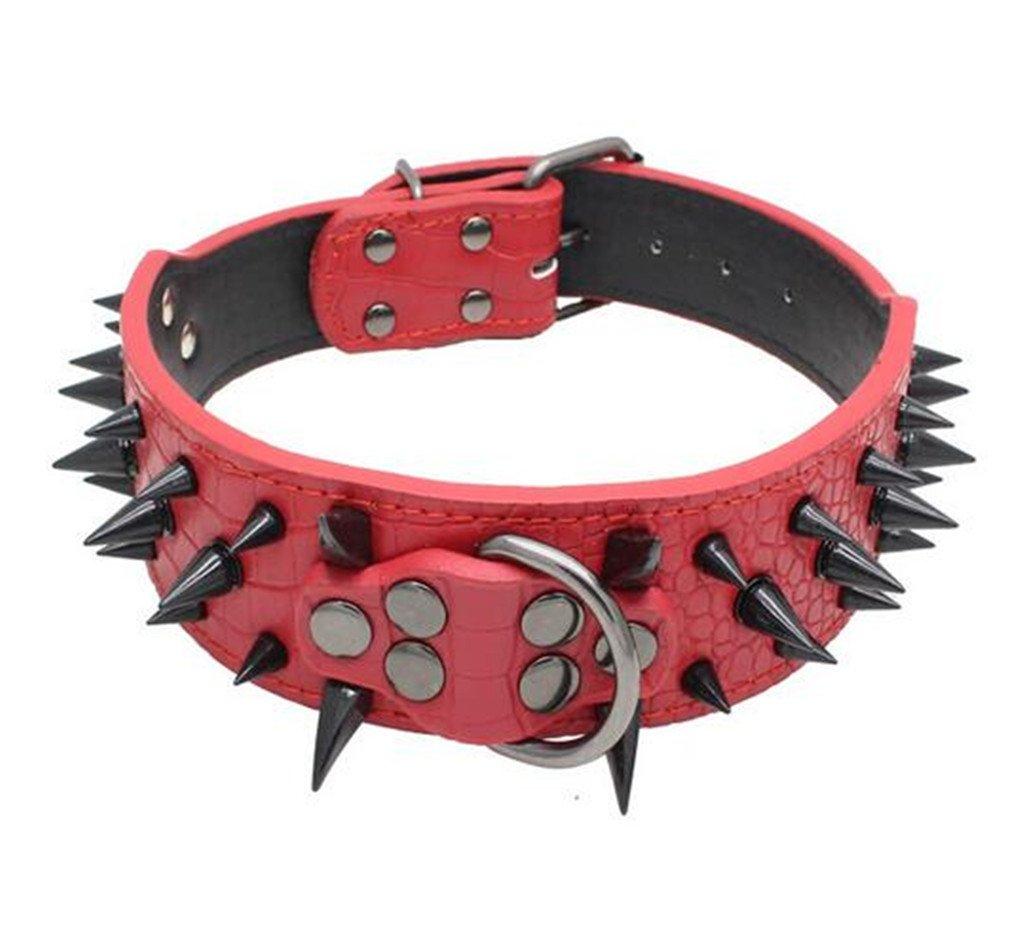 [Australia] - HOOTMALL Adjustable Black Spiked Studded PU Leather Dog Collar 2" Wide Spikes Pet Collar S(17"-20") red 