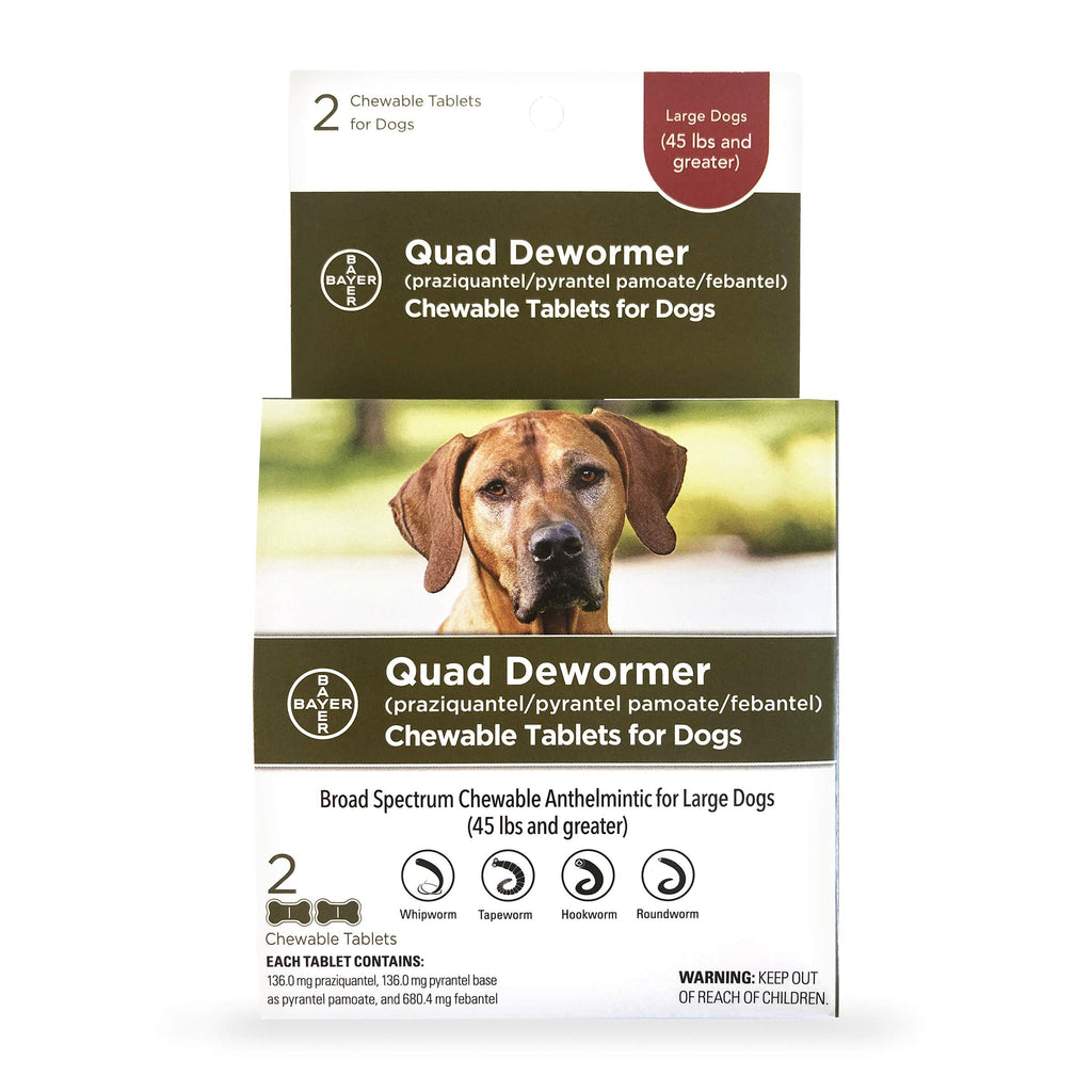 Bayer Chewable Quad Dewormer for Large Dogs, 45 lbs and over, 2 chewable tablets - PawsPlanet Australia