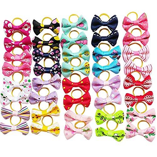 Chenkou Craft 40pcs/20pairs New Dog Hair Bows with Rubber Band Pet Grooming Products Mix Colors Varies Patterns Pet Hair Bows Dog Little Puppy Accessories (Bow with Rubber Band) - PawsPlanet Australia