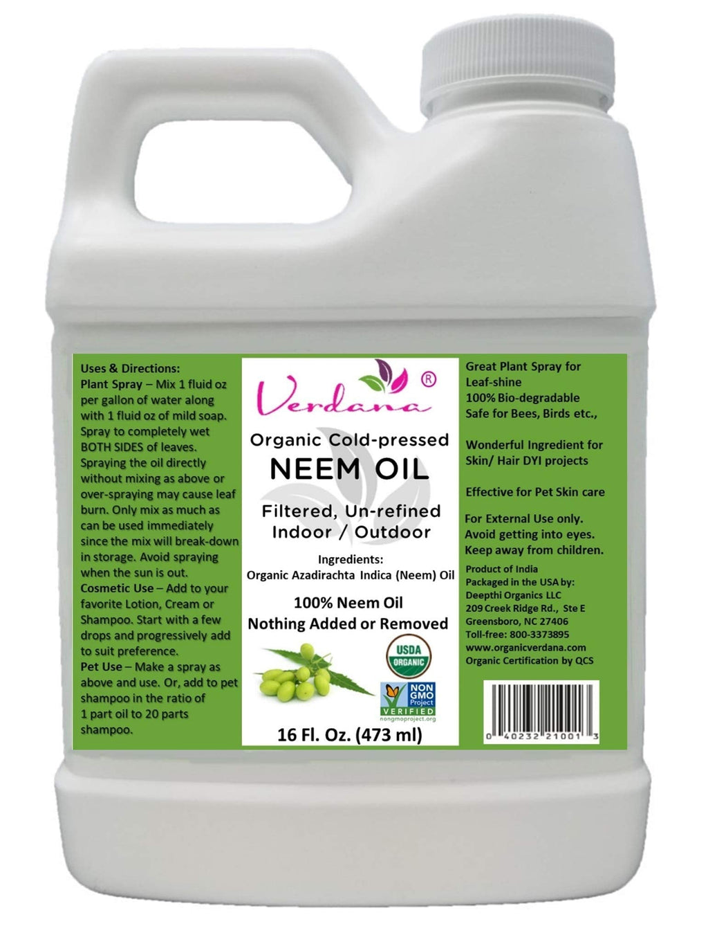 Verdana Organic Cold Pressed Neem Oil - Non GMO - Unrefined, Filtered - High Azadirachtin Content - 100% Neem Oil, Nothing Added or Removed - Leafshine Spray, Pet Care, Skin Care, Hair Care 16 Fl Oz (Pack of 1) - PawsPlanet Australia