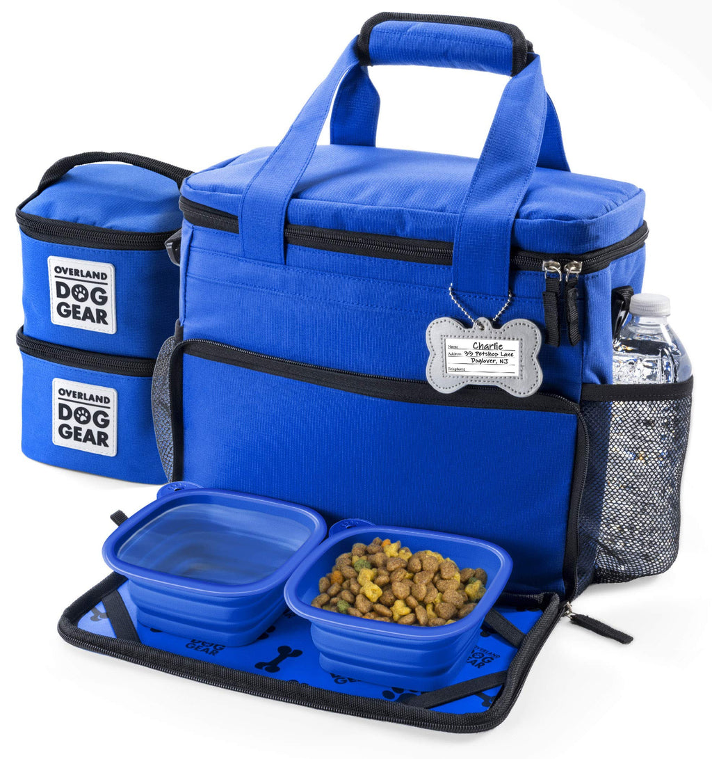 [Australia] - Dog Travel Bag - Week Away Tote For Small Dogs - Includes Bag, 2 Lined Food Carriers, Placemat, and 2 Collapsible Bowls (Blue) 