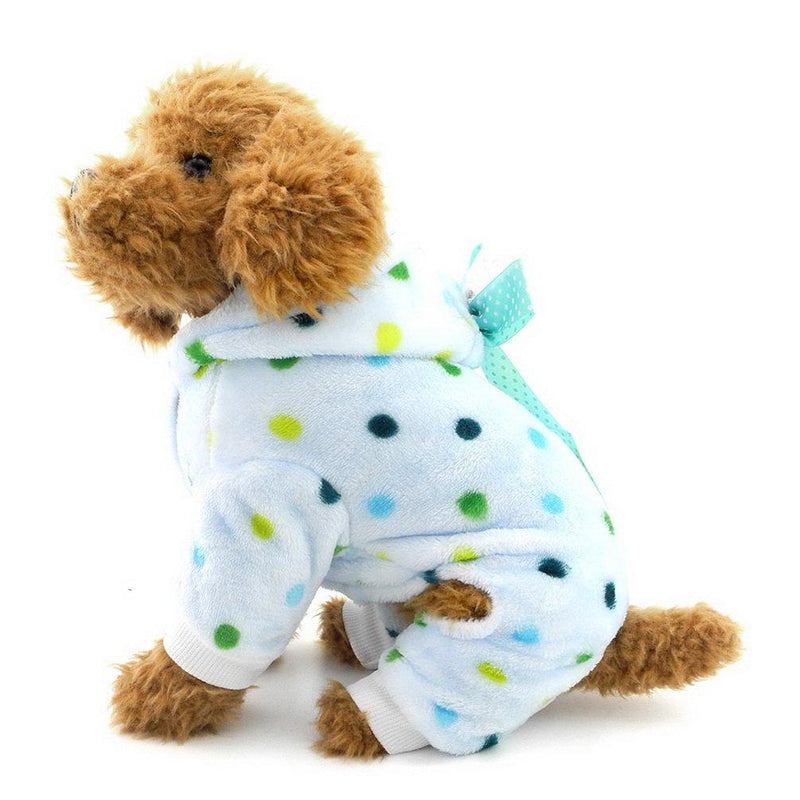 Ranphy Cute Small Dog Fleece Pajamas Dots Puppy Outfits Hoodies Soft Cozy Pjs Four-Leg Pet Jumpsuit Lovely Chihuahua Clothes M(Back:9.5";Chest:14.5"; 4.4-6.6 lbs) Blue - PawsPlanet Australia