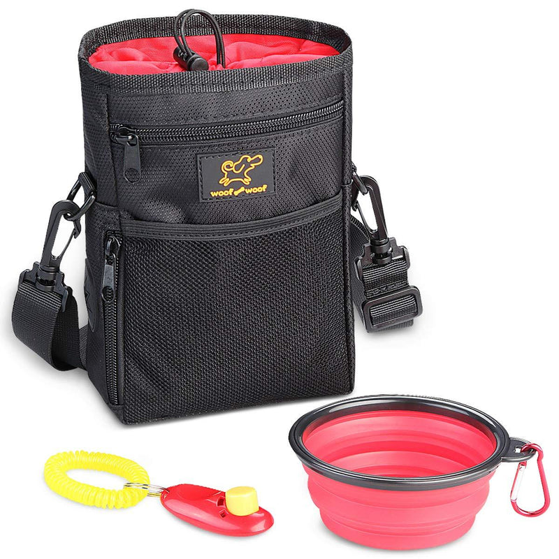 WoofWoof Dog Treat Training Pouch Bag -Collapsible Travel Food Water Dog Bowl - Free Doggie Clicker Black - PawsPlanet Australia