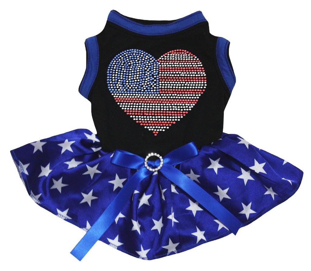 [Australia] - Petitebella Rhinestones USA Heart Puppy Dog Dress Medium Black/Blue Stars 