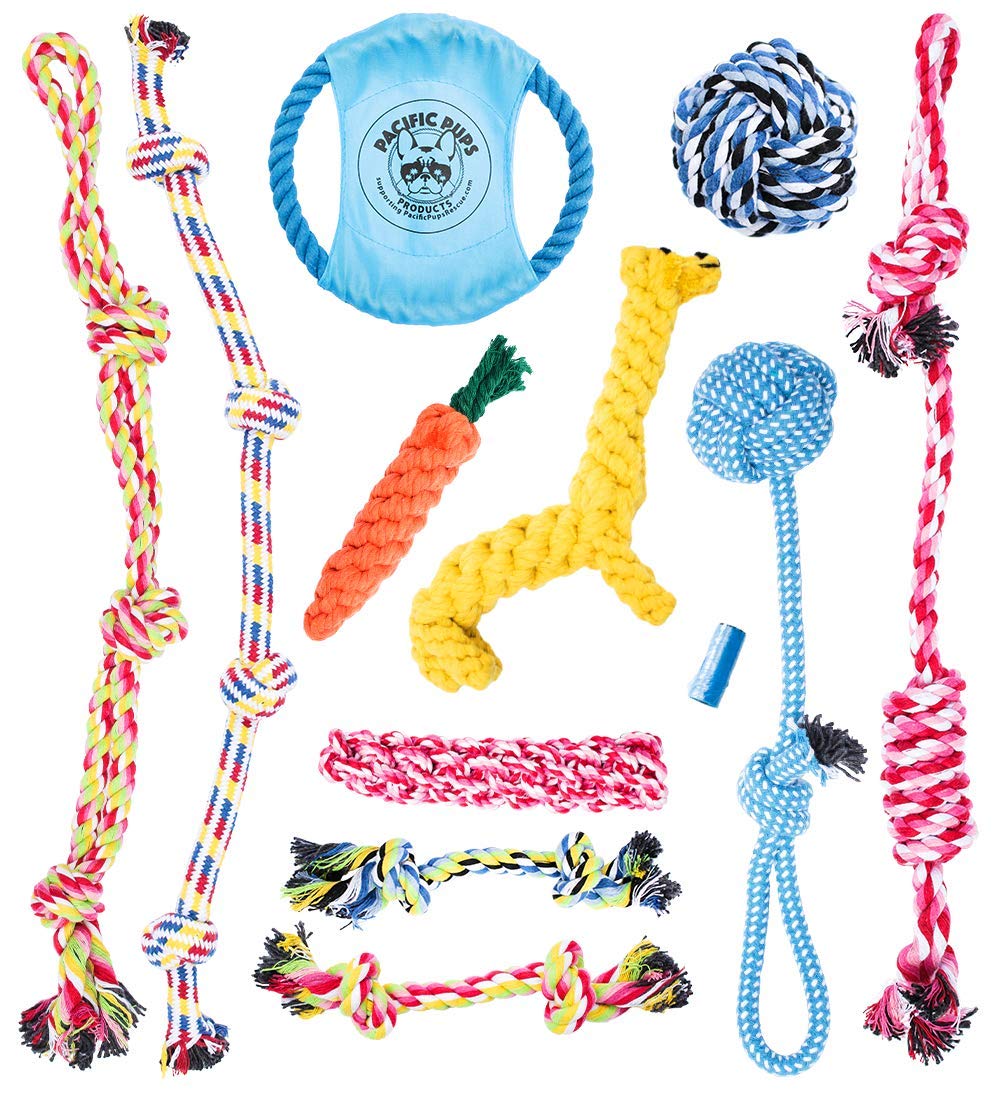 Pacific Pups Products - Dog Rope Toys for Aggressive CHEWERS - Set of 11 Nearly Indestructible Dog Toys - Bonus Giraffe Rope Toy - Benefits NONPROFIT Dog Rescue - PawsPlanet Australia