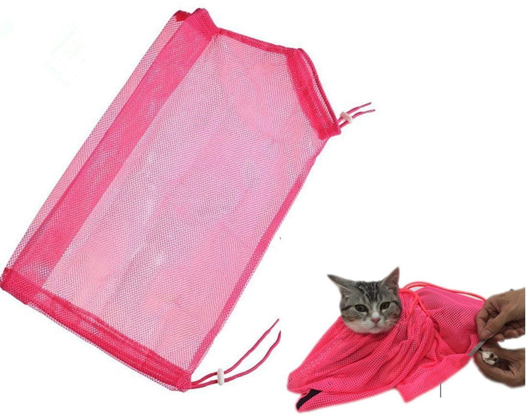 [Australia] - TECH-P Creative Life Adjustable Multifunctional Polyester Cat Washing Shower Mesh Bags Pet Nail Trimming Bags-Pink 