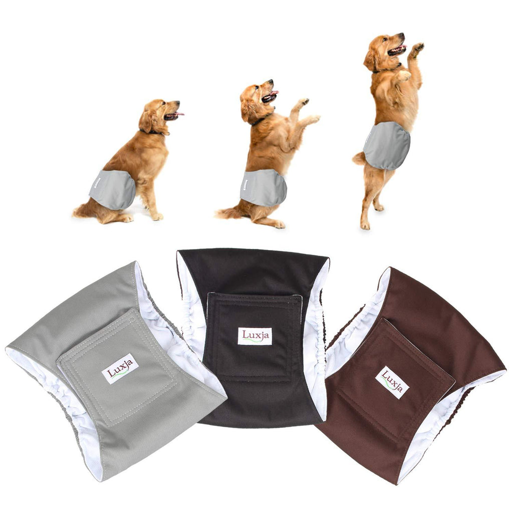 [Australia] - LUXJA Reusable Male Dog Diapers (Pack of 3), Washable Puppy Belly Band L(Waist 16"-20") Black+gray+coffee(white Lining) 