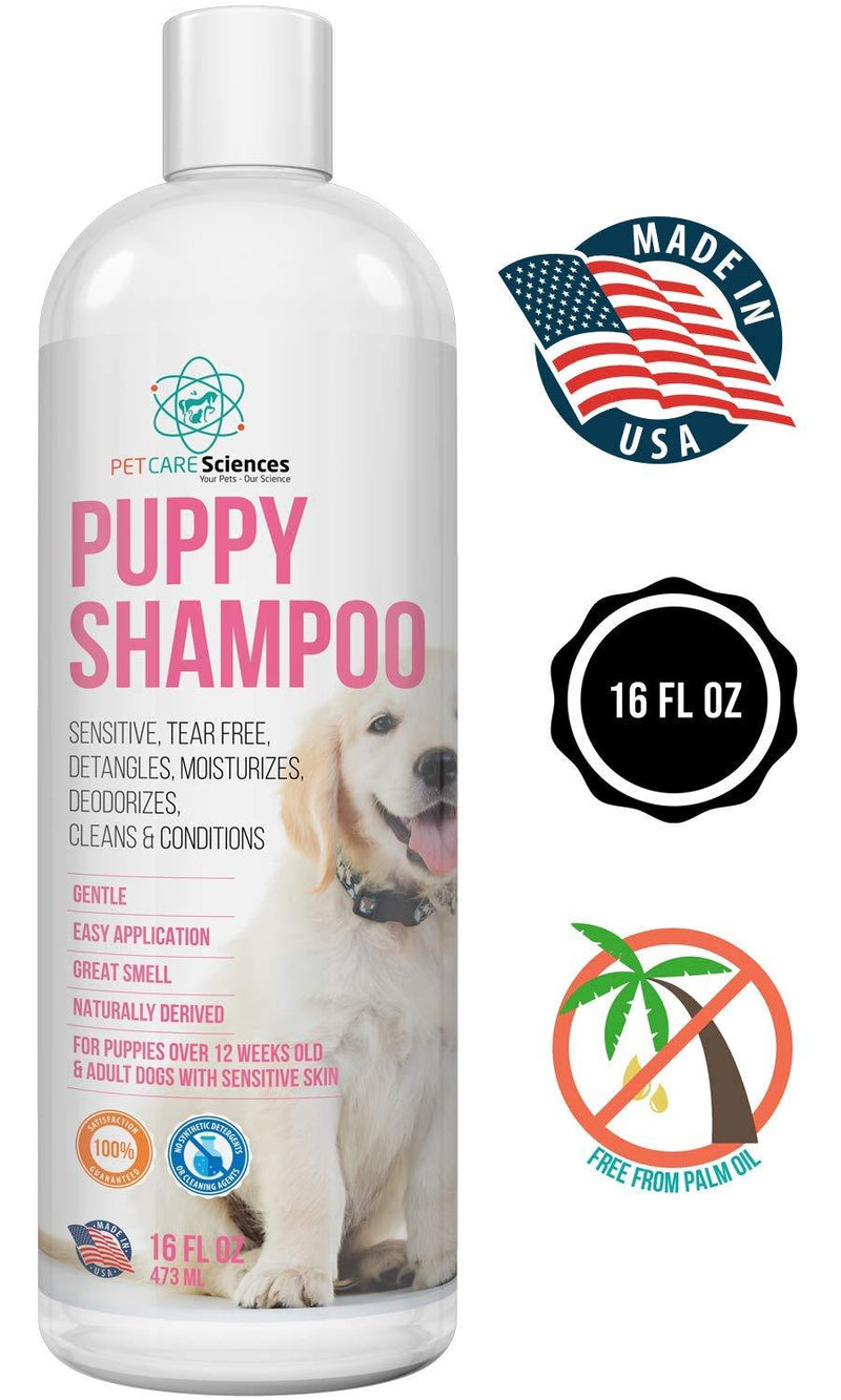 [Australia] - PET CARE Sciences Tearless Puppy Shampoo Gentle and Sensitive, Coconut Oil, Oatmeal and Aloe Dog Shampoo and Conditioner, Made in The USA, 16 fl oz 