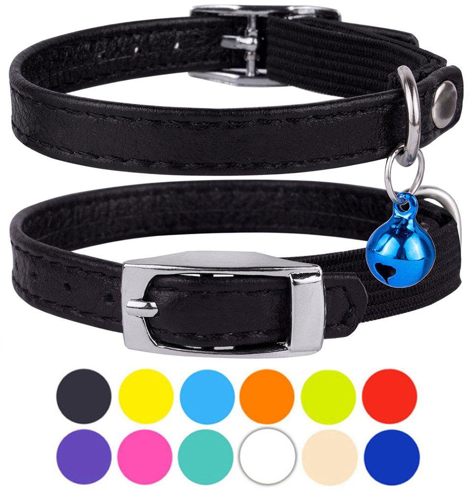 [Australia] - CollarDirect Leather Cat Collar, Cat Safety Collar with Elastic Strap, Kitten Collar for Cat with Bell Black Blue Red Orange Lime Green Neck Fit 9"-11" 