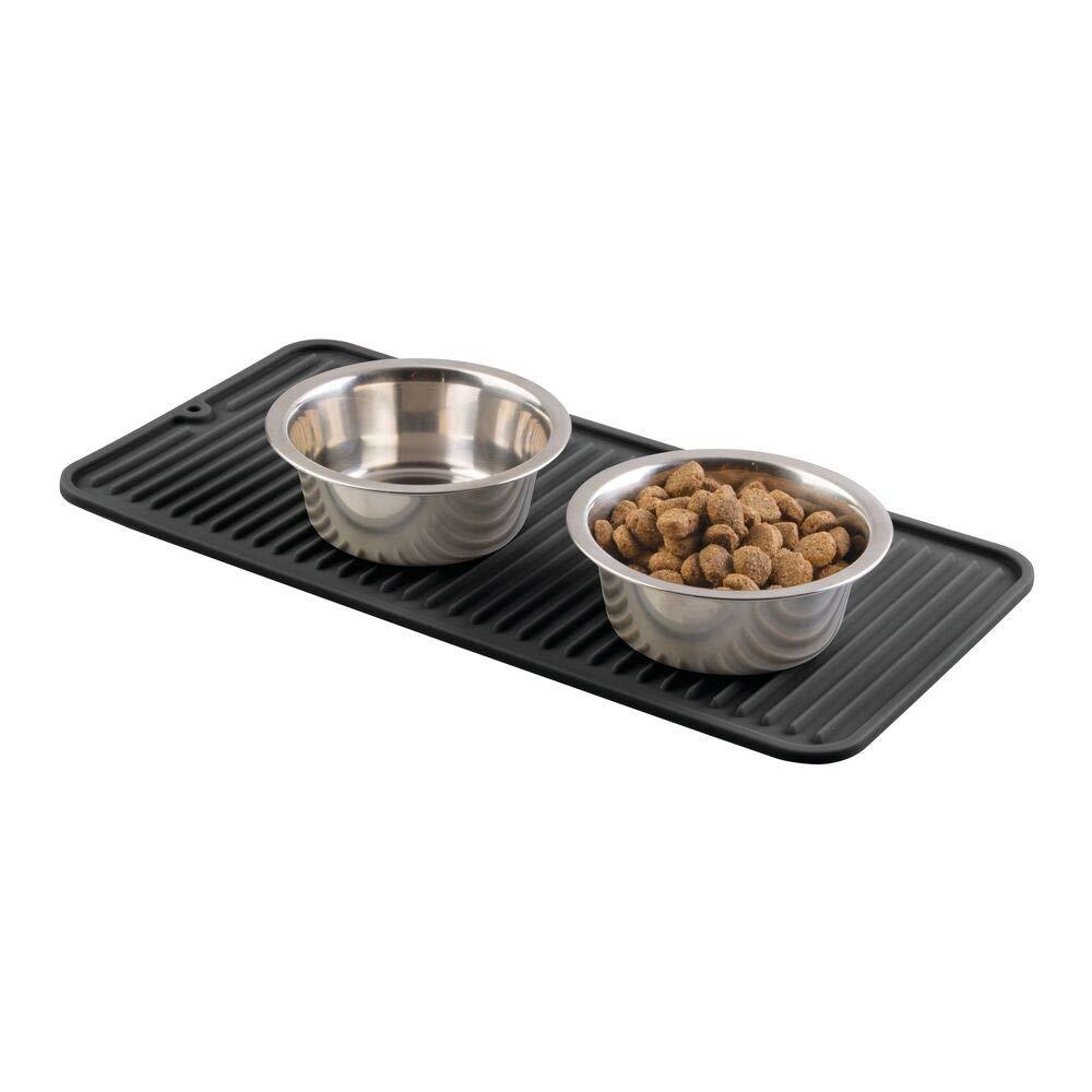 mDesign Premium Quality Pet Food and Water Bowl Feeding Mat for Dogs and Puppies - Waterproof Non-Slip Durable Silicone Placemat - Raised Edges, Food Safe, Non-Toxic - Small - Black 8 x 16 x .25 - PawsPlanet Australia