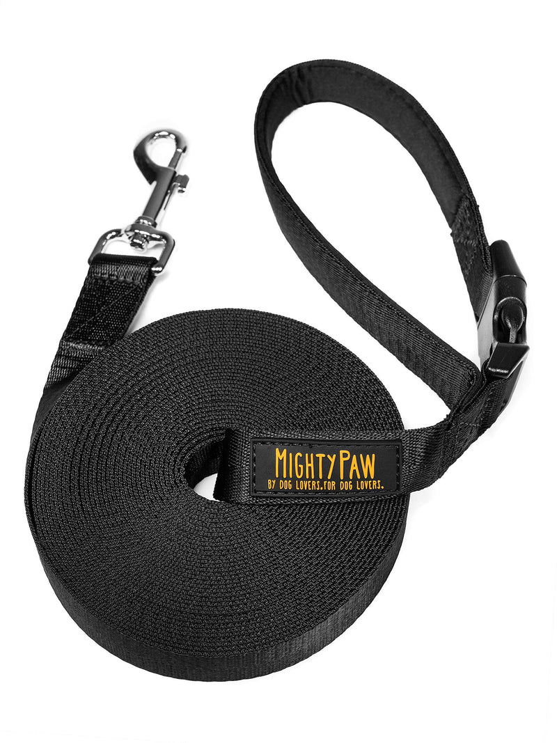 Mighty Paw Long Dog Leash | Pet Lead for Off-Leash Recall Training. Premium Quality Nylon Tie Out, Includes a Buckled Padded Handle. Great for Yard, Camping and Training. 15 Feet Black - PawsPlanet Australia