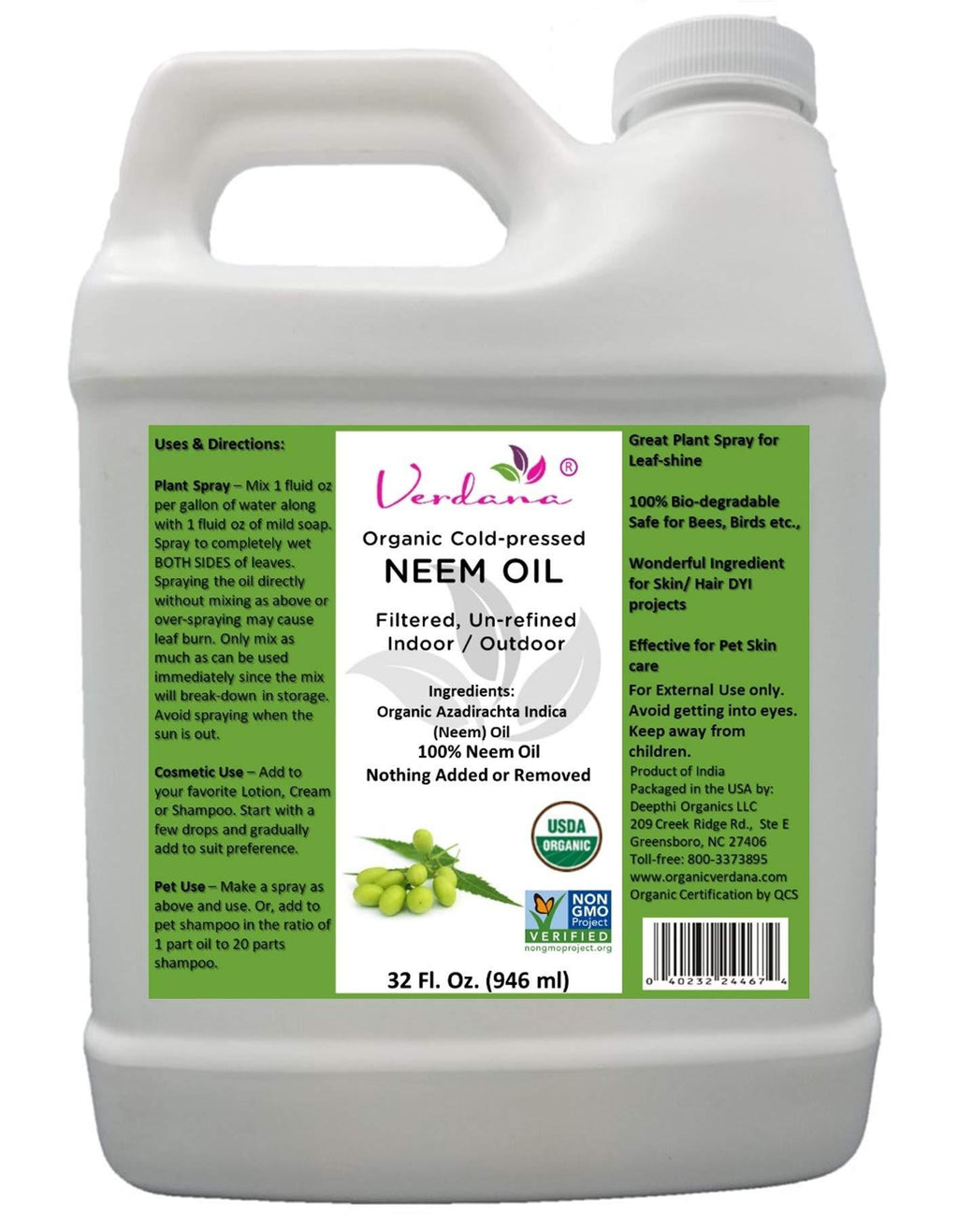 Verdana USDA Organic Cold Pressed Neem Oil 32 Fl. Oz - Non GMO Certified - Unrefined - High Azadirachtin Content - 100% Neem Oil, Nothing Added or Removed - Leafshine, Pet Care, Skin Care, Hair Care - PawsPlanet Australia