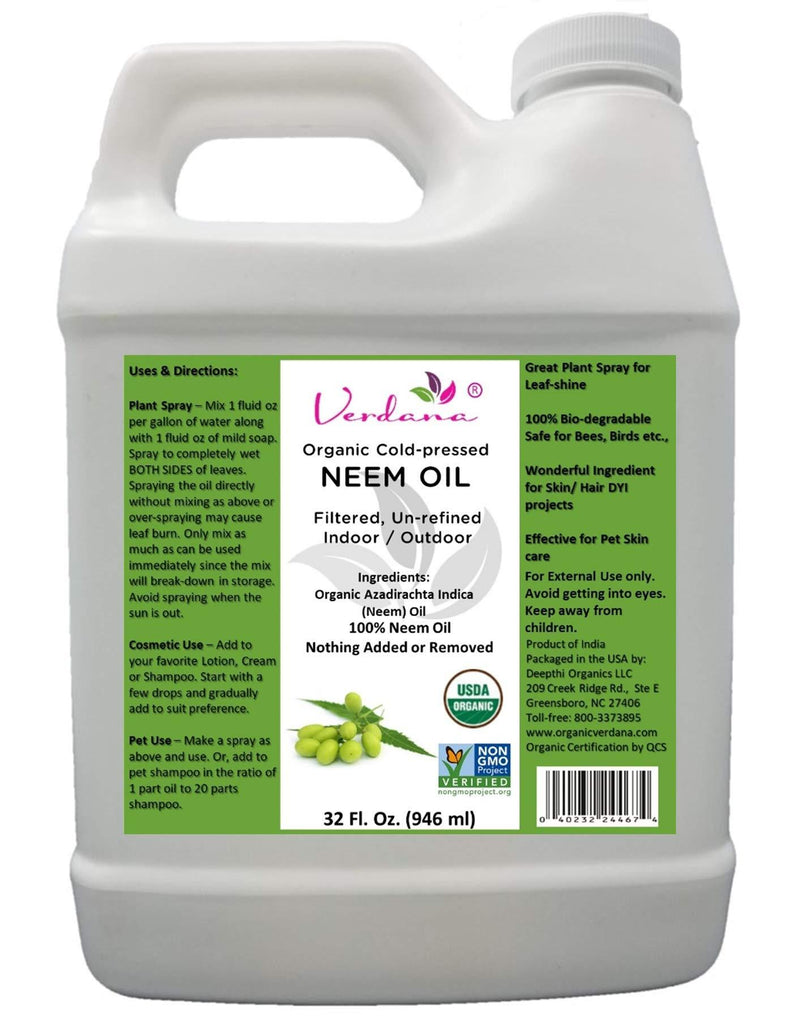 Verdana USDA Organic Cold Pressed Neem Oil 32 Fl. Oz - Non GMO Certified - Unrefined - High Azadirachtin Content - 100% Neem Oil, Nothing Added or Removed - Leafshine, Pet Care, Skin Care, Hair Care - PawsPlanet Australia