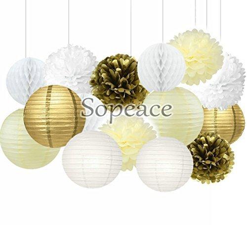 Sopeace 15 Pcs Pcs Cream Gold White Tissue Pom Poms Paper Flowers Paper Lanterns for Birthday Party Decoration - PawsPlanet Australia