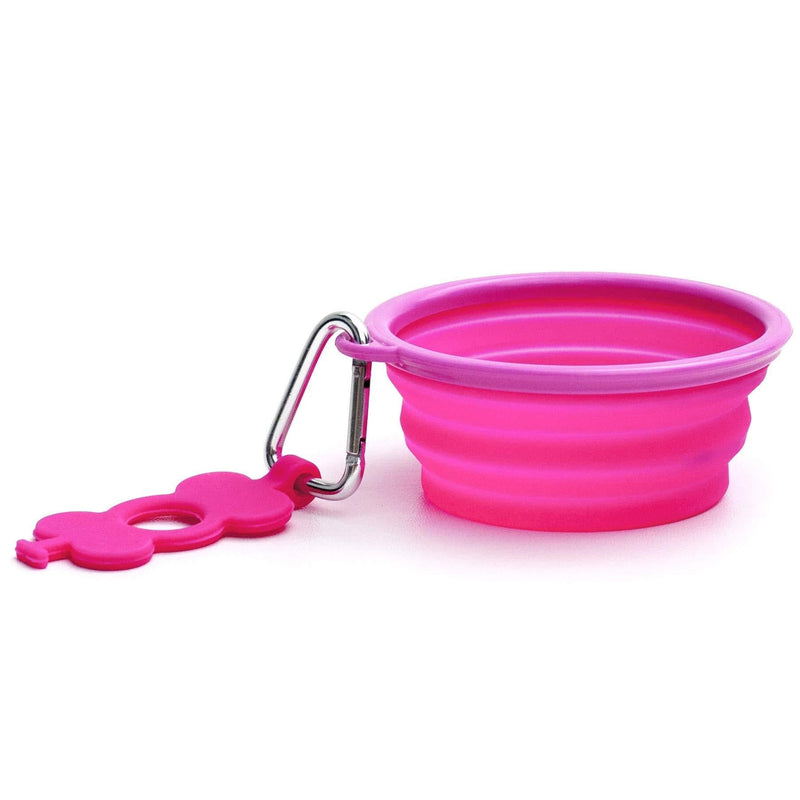 Prima Pets Collapsible Silicone Food & Water Travel Bowl with Clip for Dog and Cat: Small (1.5 Cups) + Bottle Holder, Pink - PawsPlanet Australia