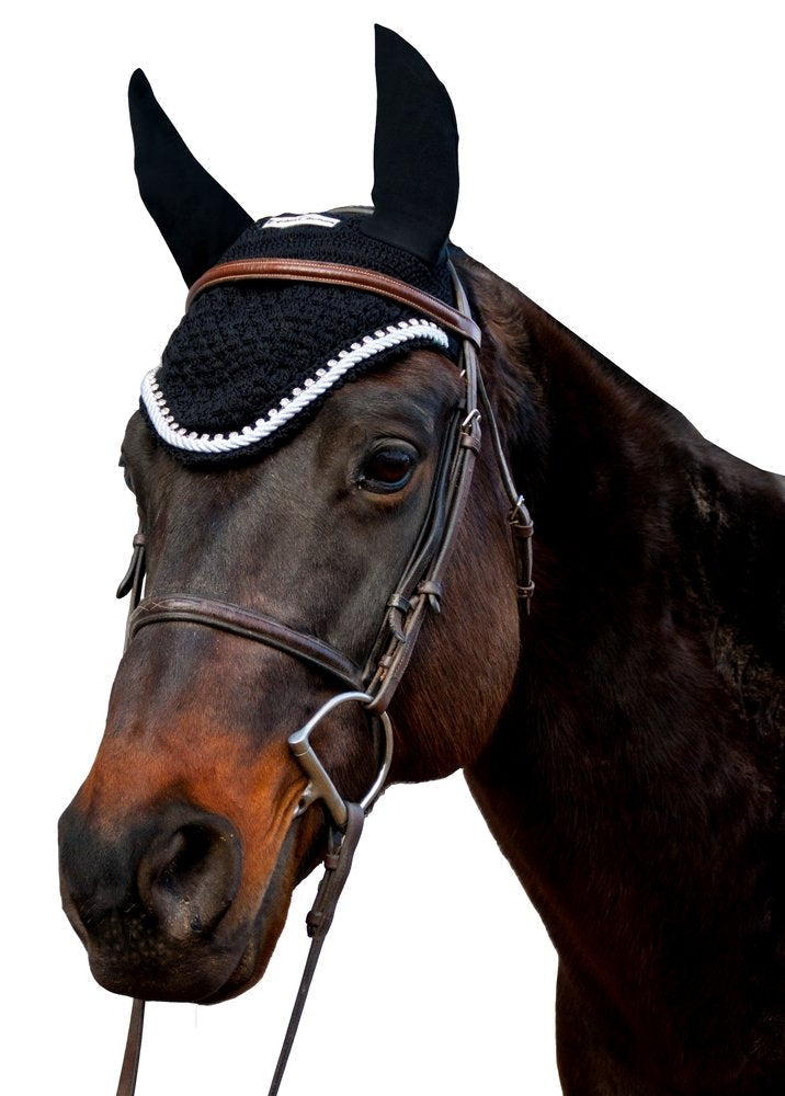 Equine Couture Fly Bonnet with Silver Rope & Crystals Black Full - PawsPlanet Australia