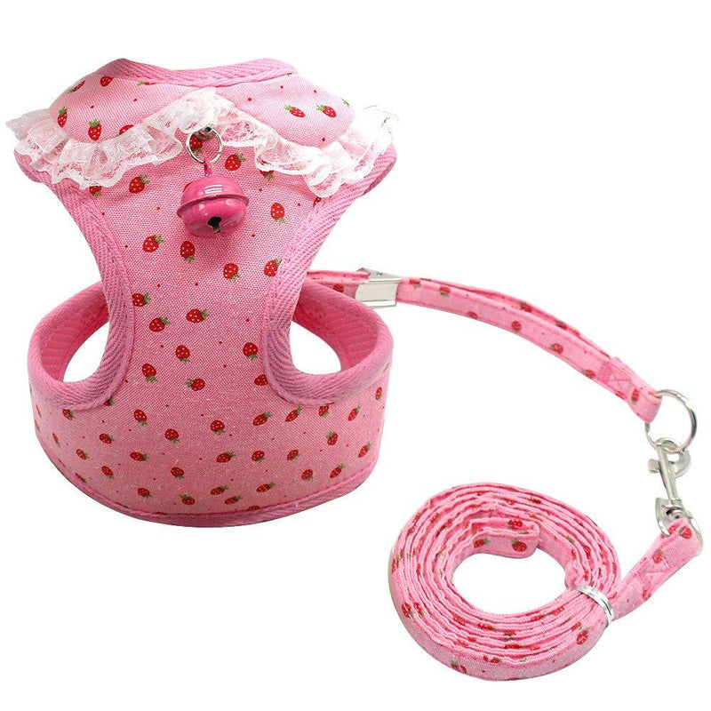 [Australia] - Didog Adjustable Pet Mesh Vest Harness and Leash Set with Cute Bell for Puppy Small Medium Dogs and Cats S:9.5-14" Pink Strawberry 