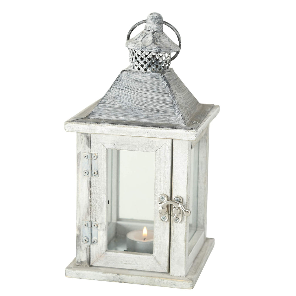 WHW Whole House Worlds Farmers Market Wooden Candle Lantern Hurricane, Rustic Dark Metal Roof, Shabby Weathered Finish, White Stained Fir, 10 Inches Tall Galvanized Metal Floor Plate - PawsPlanet Australia