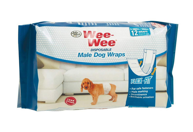 [Australia] - Four Paws Wee-Wee Male Dog Wraps, Disposable, X-Small/Small 12 Count, 4 Pack 