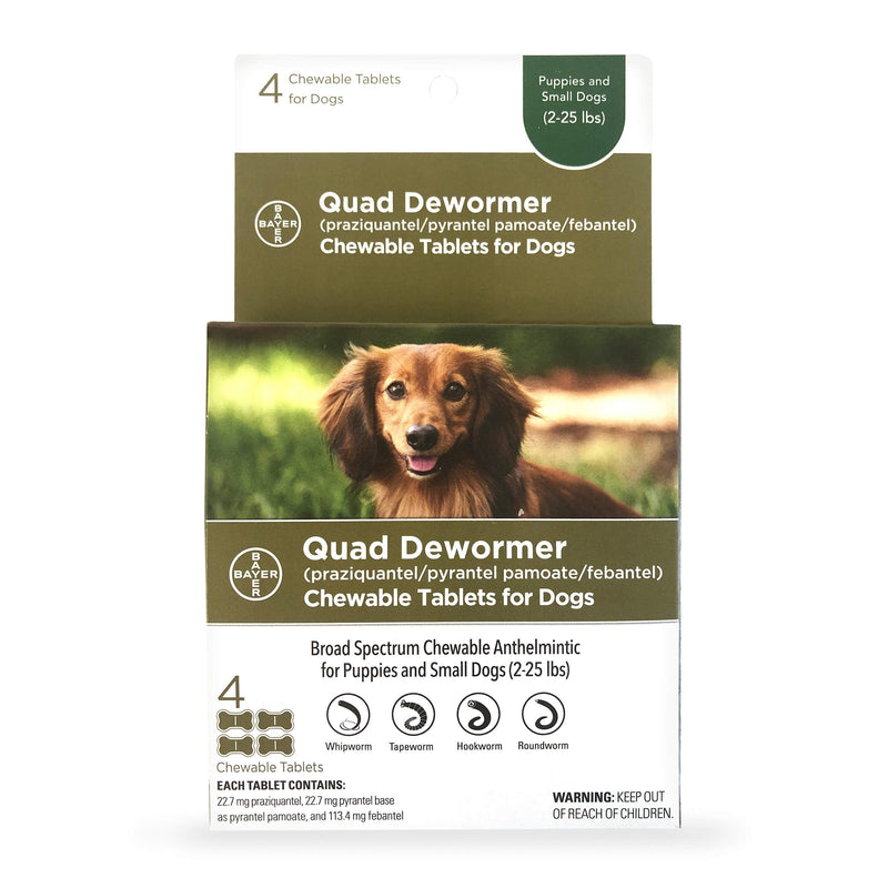 Bayer Chewable Quad Dewormer for Small Dogs, 2-25 lbs, 4 Chewable Tablets, White - PawsPlanet Australia