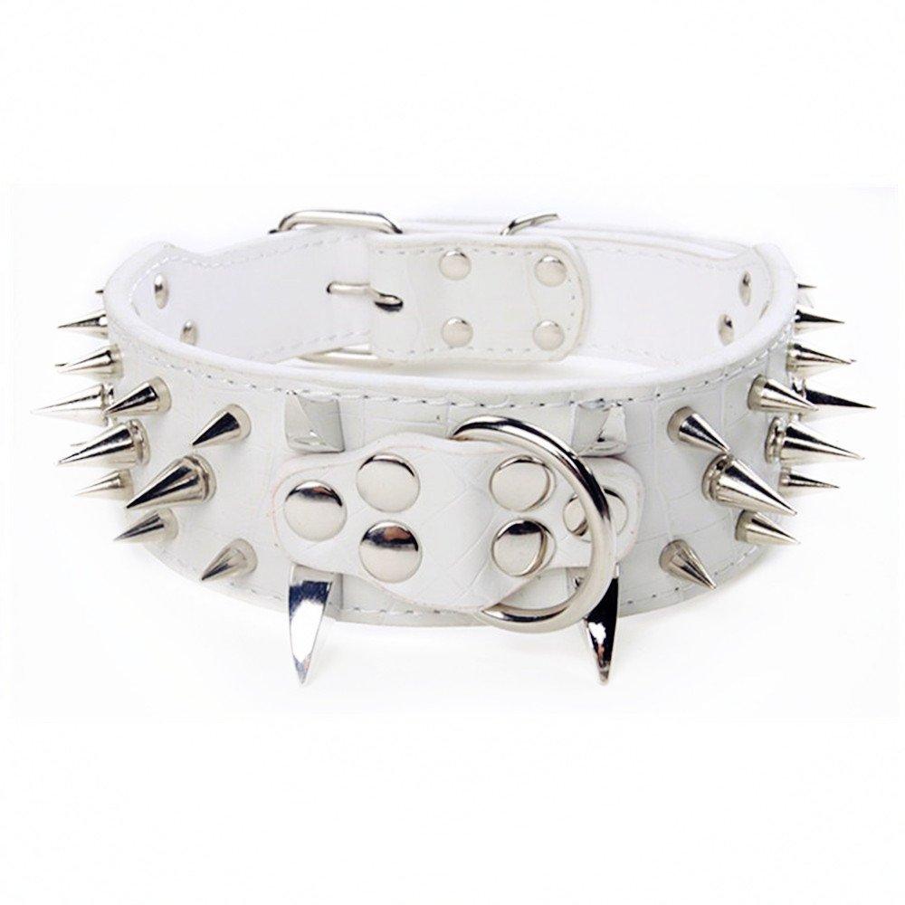 [Australia] - HOOTMALL Adjustable Silver Spiked Studded PU Leather Dog Collar 2" Wide Spikes Pet Collar White S(17"-20") 